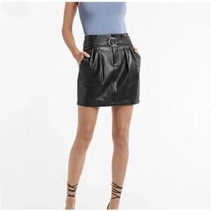 NWT Express Faux Leather Mini Skirt Black | Paperbag Waist Belted Pockets Sz S